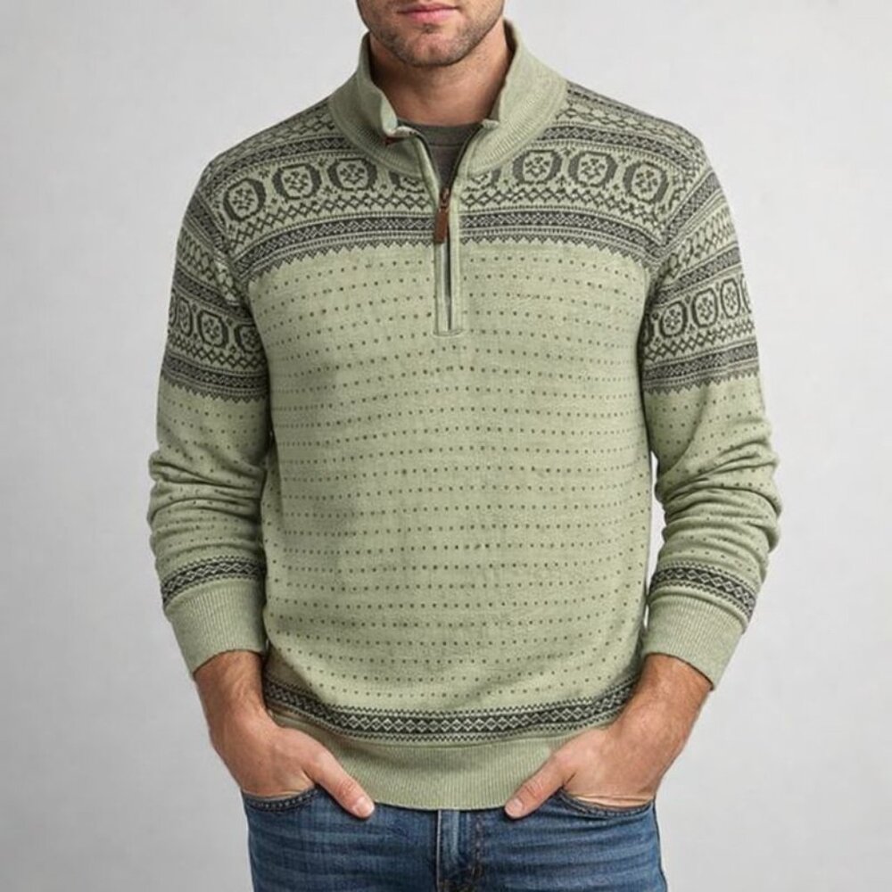 Born Silk Cashmere Fair Isle Green Quarter Zip Sweater Elbow Patches Men's Sz M